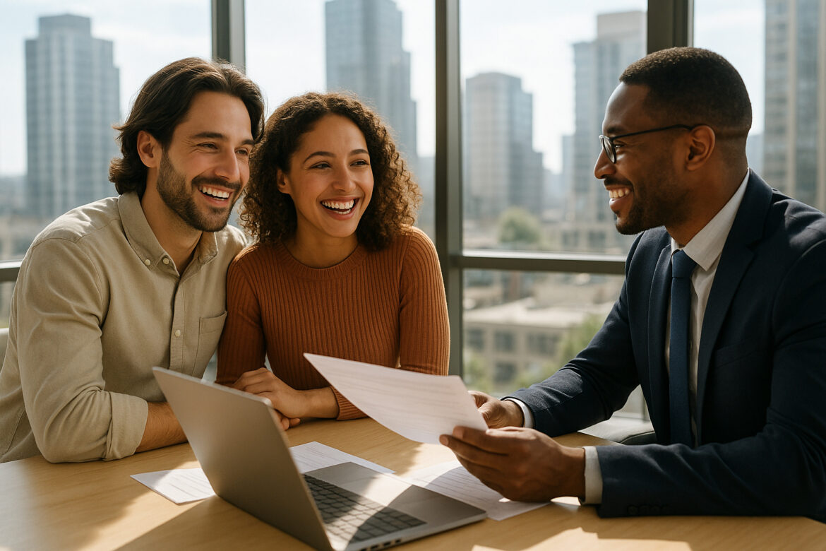 Jeune couple rencontrant un conseiller financier dans un bureau lumineux