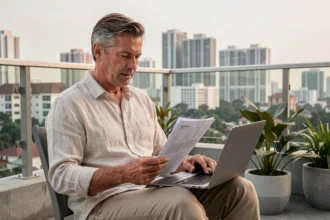 Expatrié occidental analysant la rentabilité d'un condominium en Thaïlande sur une terrasse moderne à Bangkok