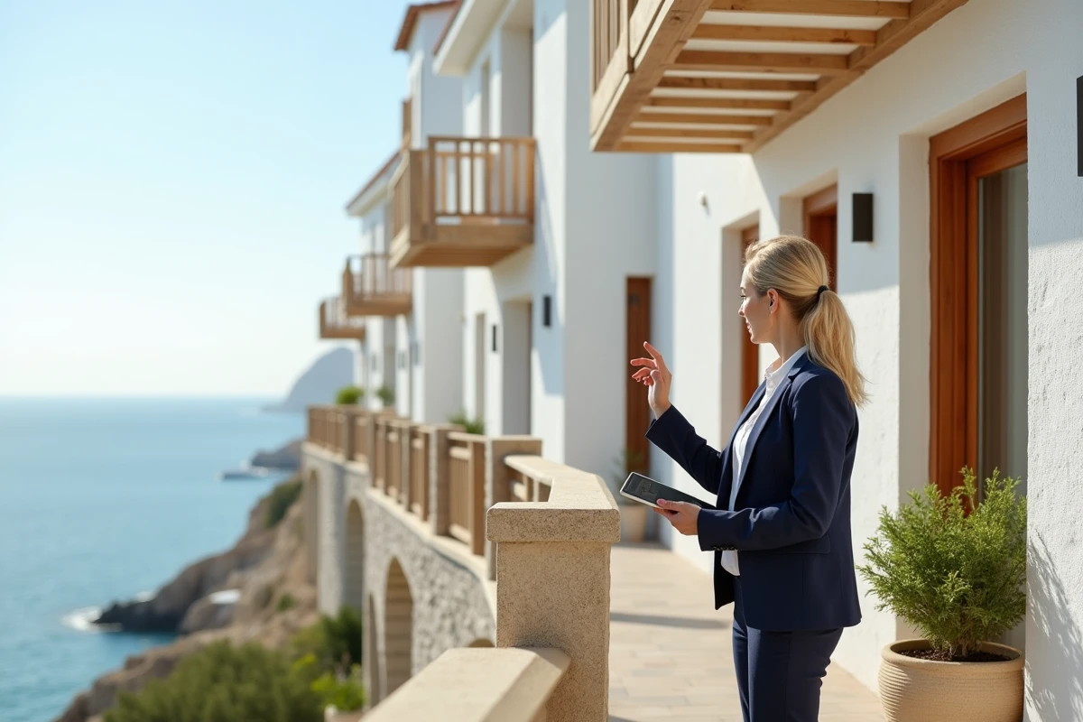 Agente immobilière sur le balcon d'une résidence Pierre et Vacances en bord de mer méditerranéen