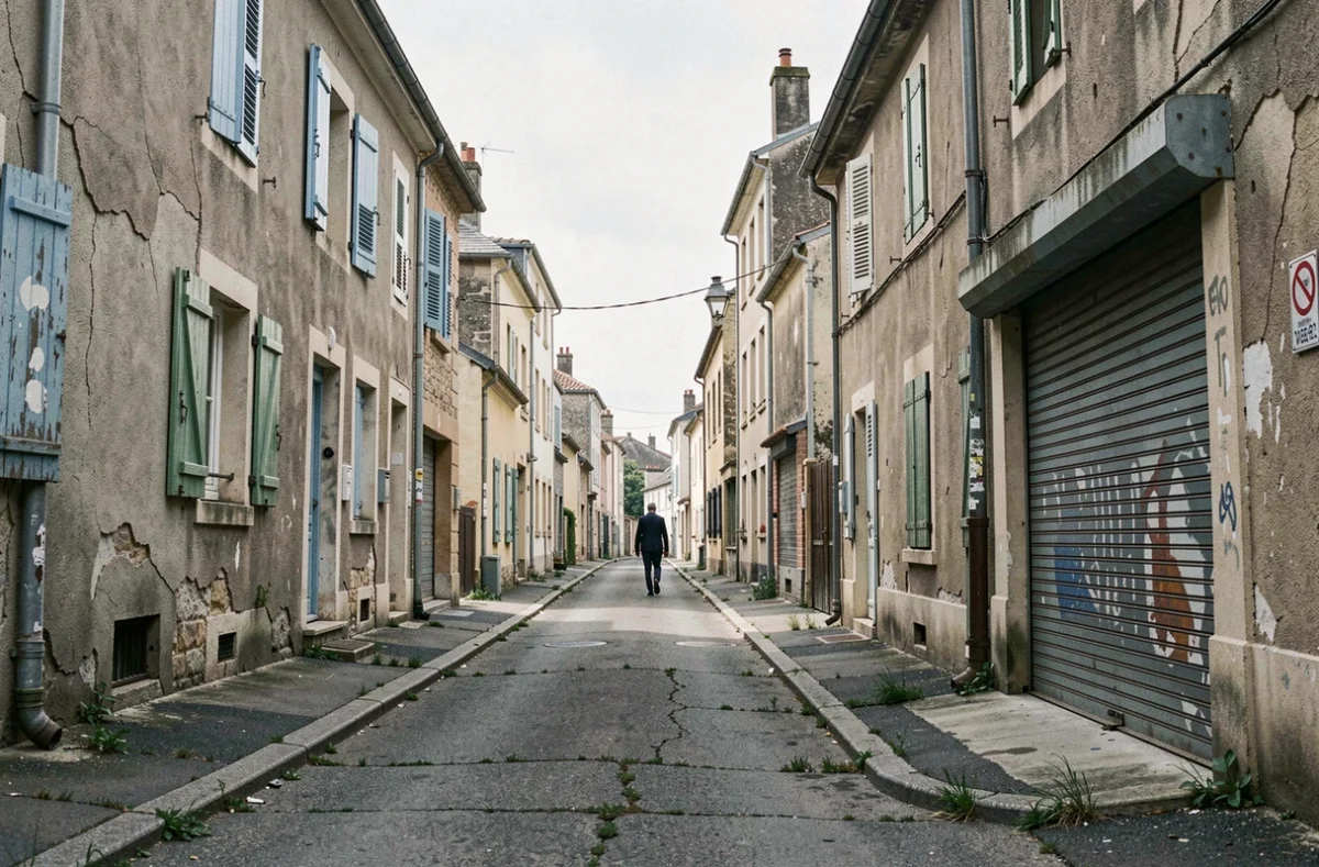 Vue de rue d'un quartier dégradé avec facades abimées dans une ville française de province