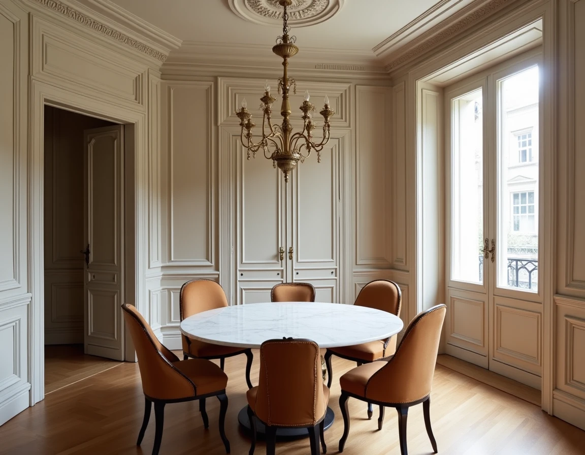 Salle à manger haussmannienne avec boiseries blanches, murs grège et table en marbre — ambiance parisienne raffinée