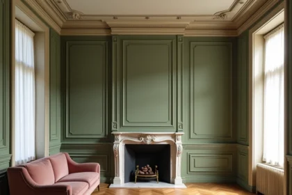 Salon haussmannien avec moulures ornées, parquet en chevrons et murs vert sauge — décoration chic parisienne