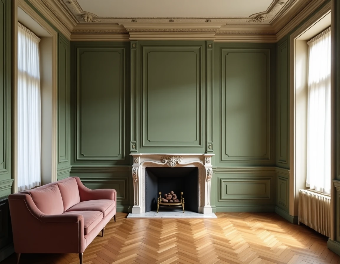 Salon haussmannien avec moulures ornées, parquet en chevrons et murs vert sauge — décoration chic parisienne