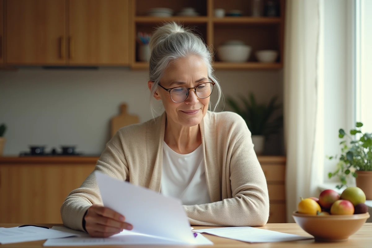 Femme senior de 60 ans qui étudie des documents d'hypothèque à sa table de cuisine