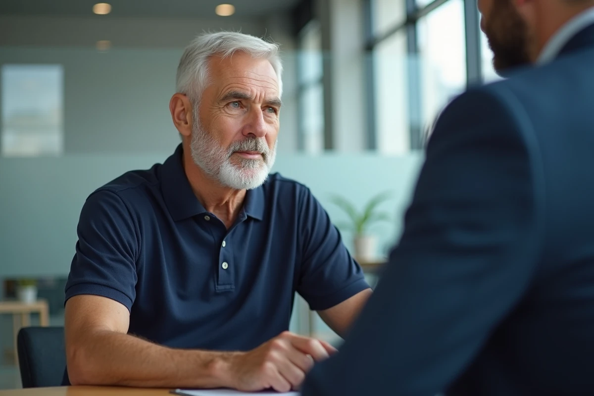 Senior de 68 ans en rendez-vous avec un conseiller bancaire pour une hypothèque sur sa maison