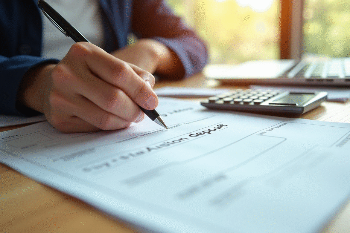 Mains signant un cheque caution sur un bureau lumineux