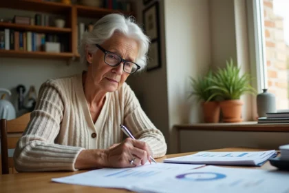 Femme senior consultant des documents de simulation viager à domicile