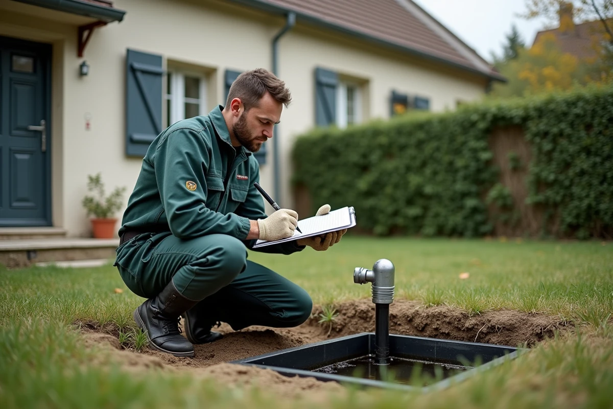 Technicien en assainissement inspectant une fosse septique non conforme dans un jardin de maison individuelle