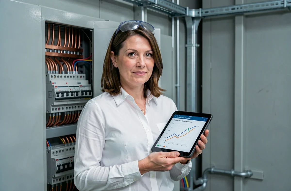 Technicienne vérifiant les données de l'index BT47 sur tablette devant un tableau électrique industriel
