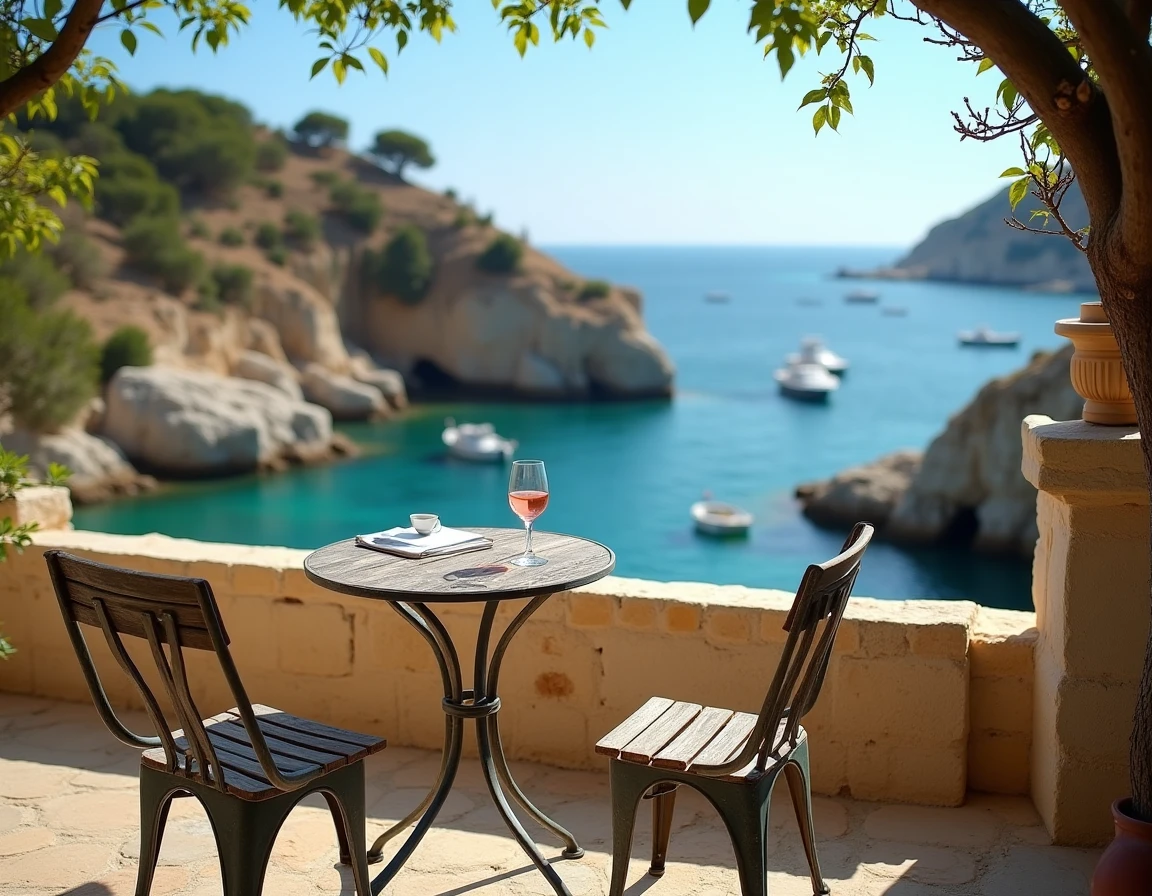Terrasse en pierre d'une maison de pêcheur à vendre en Méditerranée avec vue sur une crique et des bateaux de pêche au loin