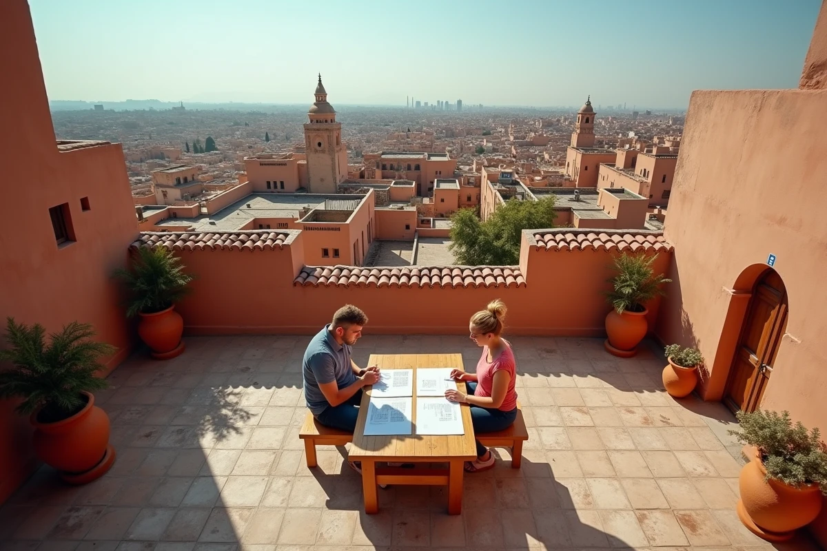 Vue aérienne d'une terrasse de riad à Marrakech avec un couple étudiant des documents d'acquisition immobilière