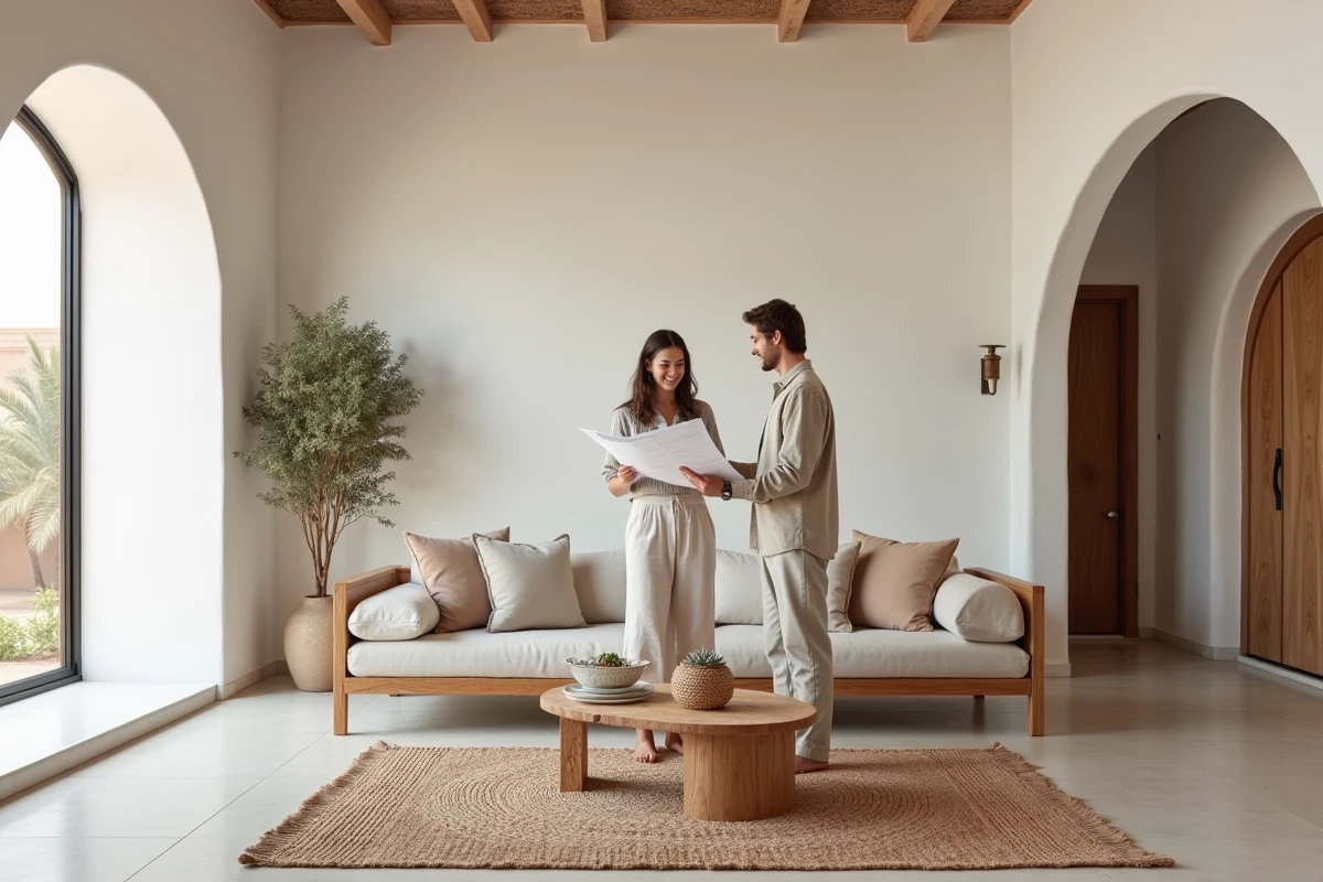 Couple européen visitant un appartement moderne à Marrakech avec décoration traditionnelle marocaine et murs en tadelakt blanc