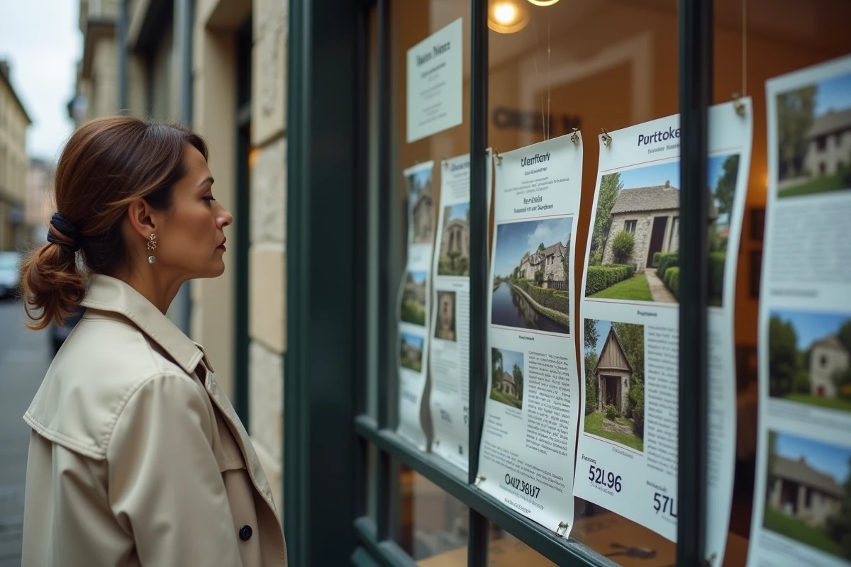 Vitrine d'agence immobilière à Maisons-Laffitte avec annonces de prix de biens en 2026