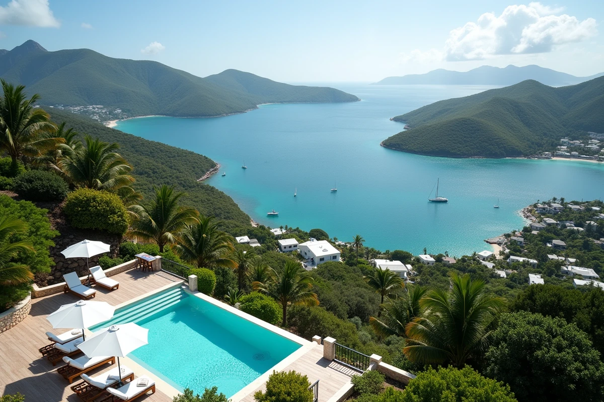 Vue aérienne d'une villa de luxe à louer à Saint-Barthélemy avec piscine privée et panorama sur le lagon